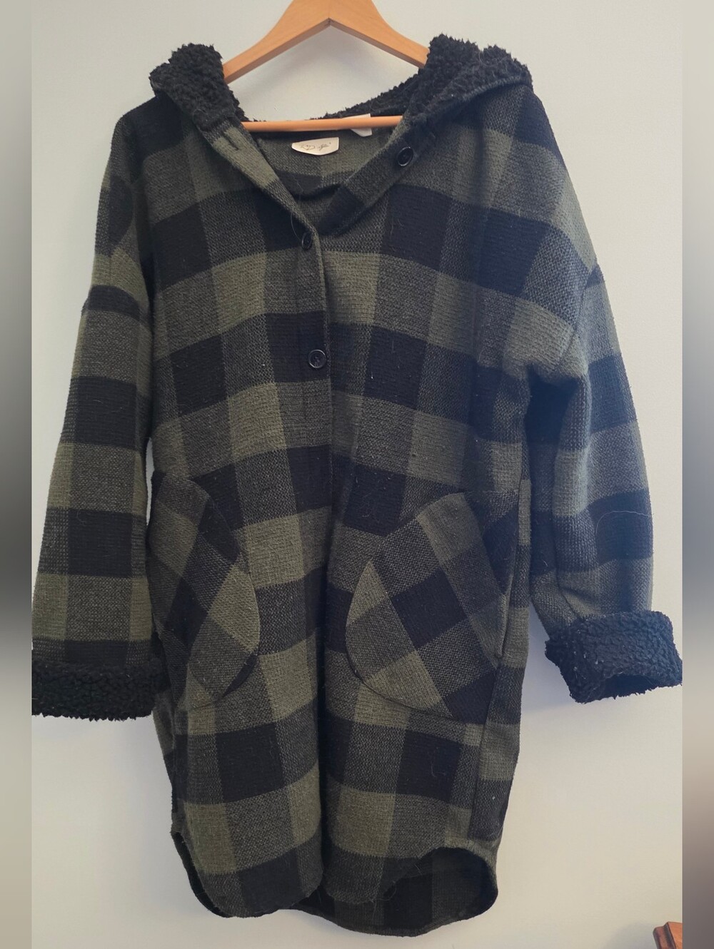 RD Style Black and Olive Plaid Hooded Coat